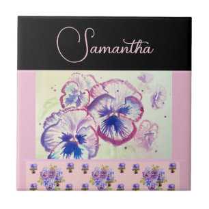 Pink Pansy Pansies Watercolor Flower Floral art Tile