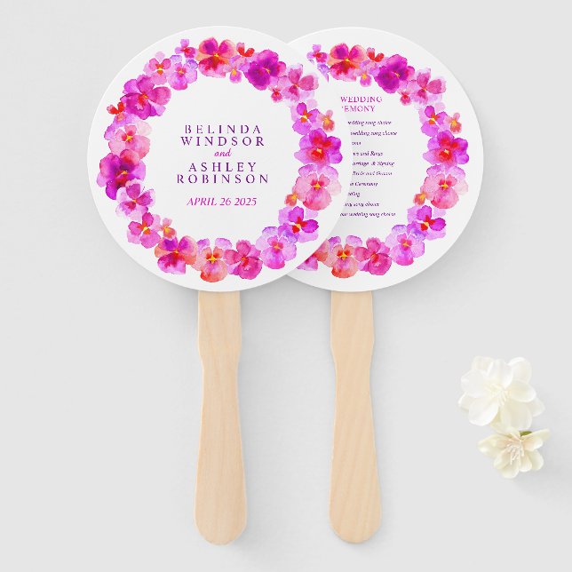 Pink pansy watercolor wedding program fans (Front and Back)