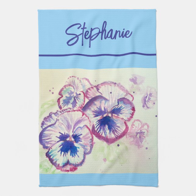 Pink Pansy watercolor Womens Pale Pink Blue Tea Towel (Vertical)