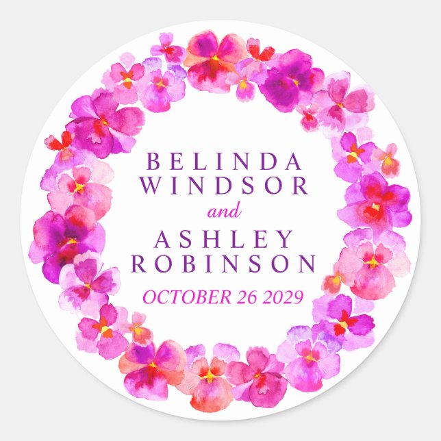 Pink pansy wreath custom watercolor art stickers (Front)