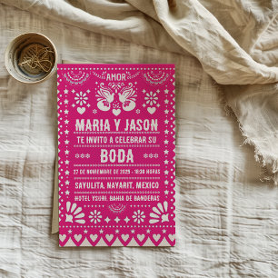 Pink Papel Picado Fiesta Folk Art Spanish Wedding Invitation