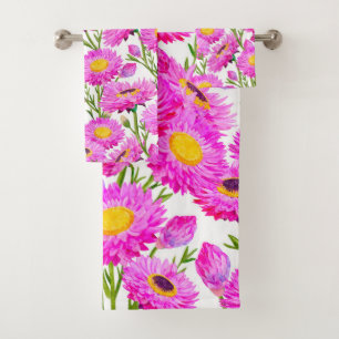 Pink Paper Daisies Floral Blooms Bath Towel Set