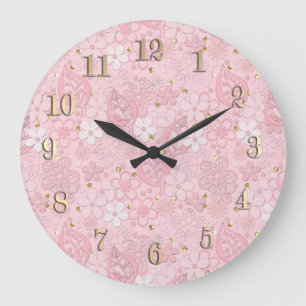 Pink paper flowers large clock