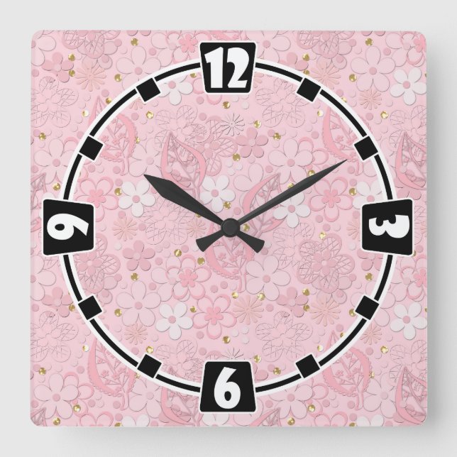 Pink paper flowers square wall clock (Front)