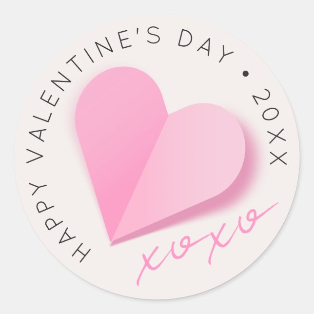 Pink Paper Heart XOXO Happy Valentine's Day Love Classic Round Sticker (Front)