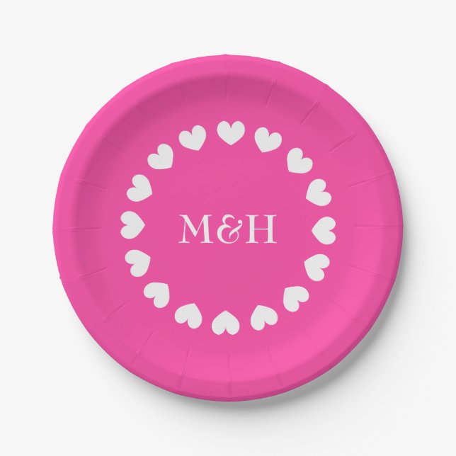Pink paper party plates with wedding monogram (Front)