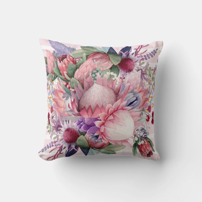 Pink Paradise Garden Watercolor Flowers Cushion (Front)