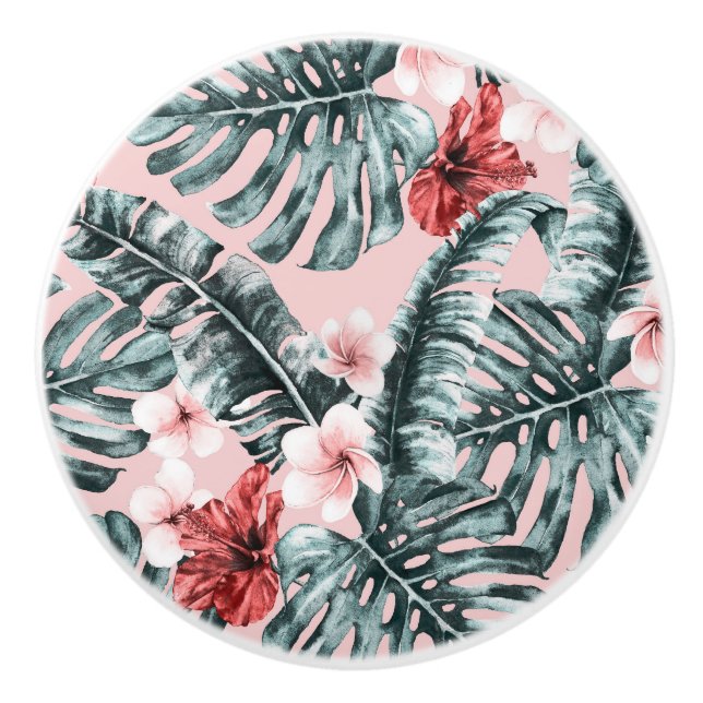 Pink Paradise Tropical Island Floral Botanical Ceramic Knob (Front)