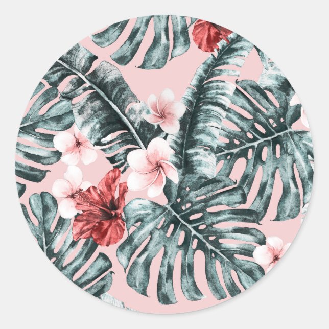 Pink Paradise Tropical Island Floral Botanical Classic Round Sticker (Front)