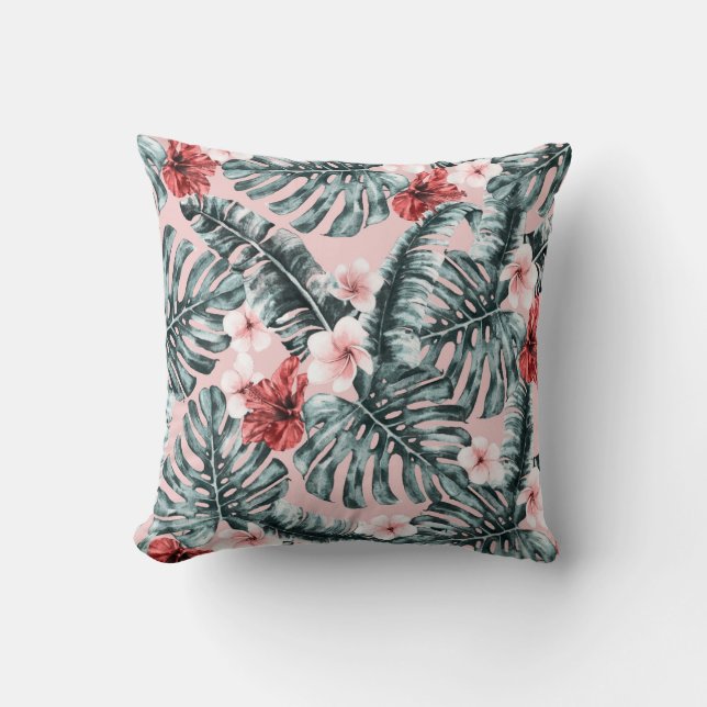 Pink Paradise Tropical Island Floral Botanical Cushion (Front)