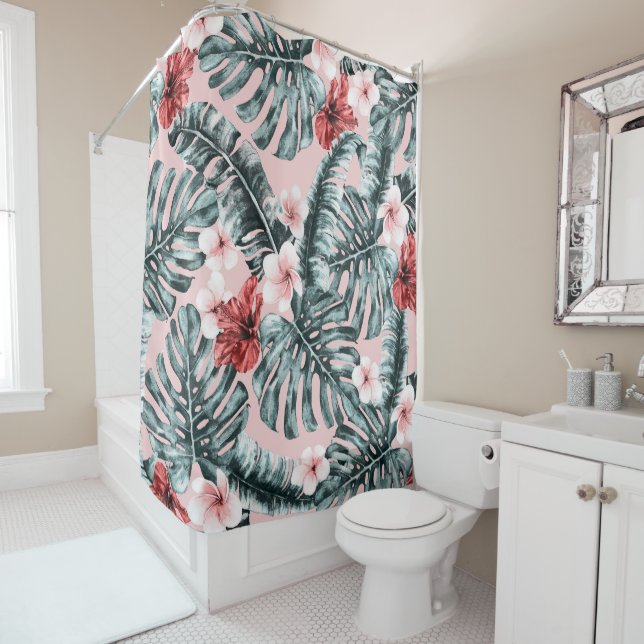 Pink Paradise Tropical Island Floral Botanical Shower Curtain (In Situ)
