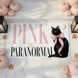 Pink & Paranormal Black Cat Coquette Halloween Doormat