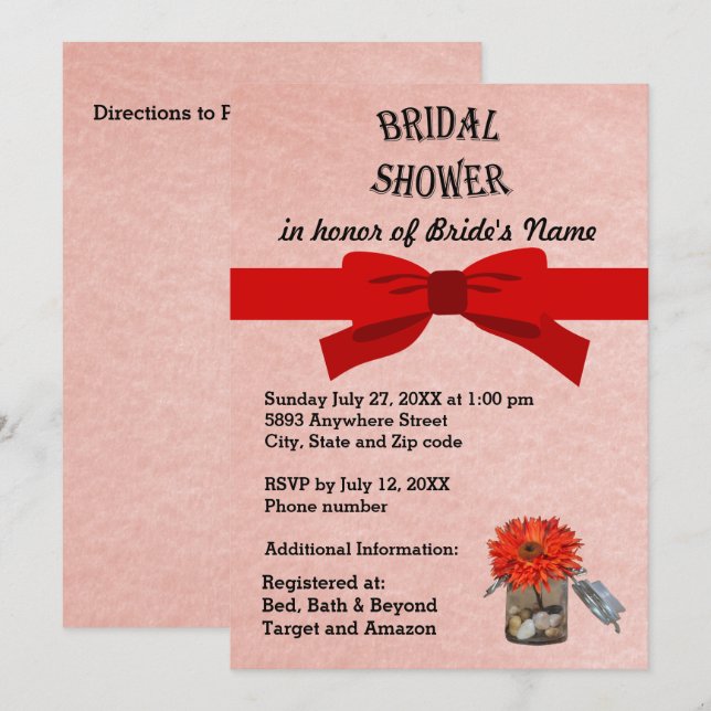 Pink Parchment Orange Flower in Jar Bridal Shower Invitation (Front/Back)