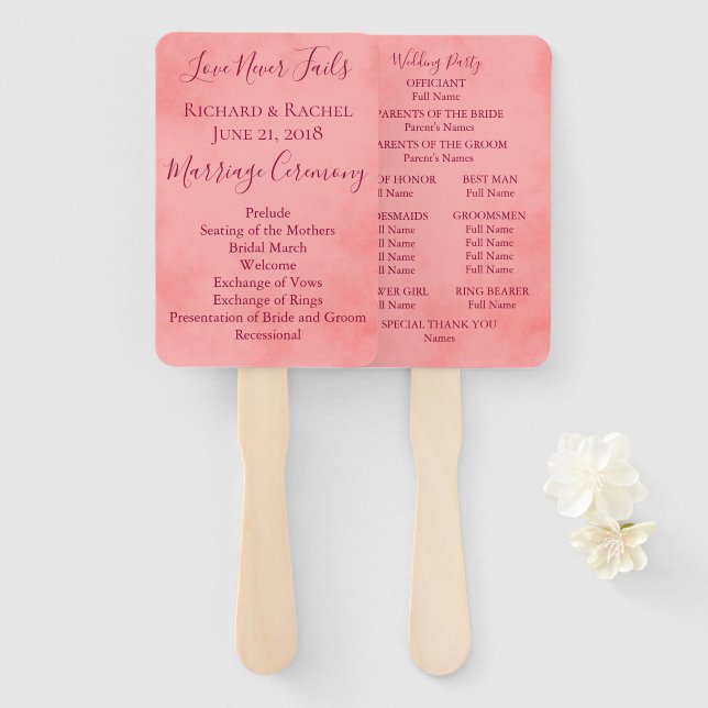 Pink Parchment Wedding Program Hand Fan (Front and Back)