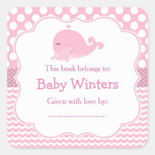 Pink Parent & Child Whale Pink Girl Bookplate Square Sticker