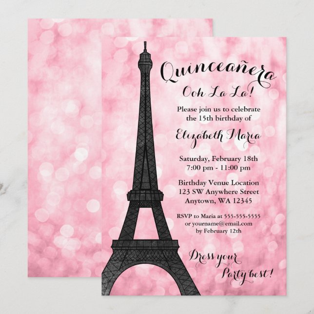 Pink Paris Bokeh Glitter Lights Quinceañera Invitation (Front/Back)