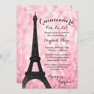 Pink Paris Bokeh Glitter Lights Quinceañera Invitation