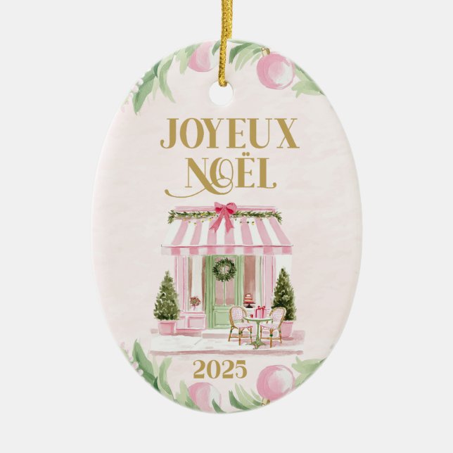 Pink Paris Café Joyeux Noël Ceramic Tree Decoration (Front)