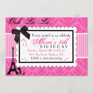 Pink Paris Damask birthday invitation