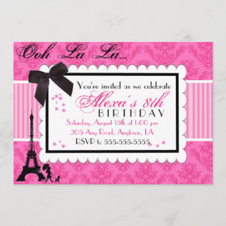 Pink Paris Damask birthday invitation