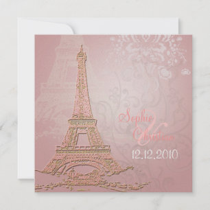 Pink Paris Eiffel + swirls Wedding Invitations