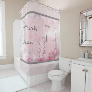 Pink Paris Eiffel Tower and French Text Shower Curtain