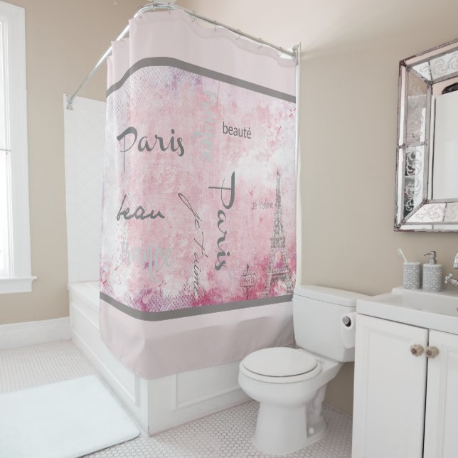 Pink Paris Eiffel Tower and French Text Shower Curtain (In Situ)