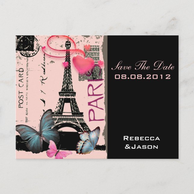 pink paris eiffel tower destination wedding announcement postcard (Front)