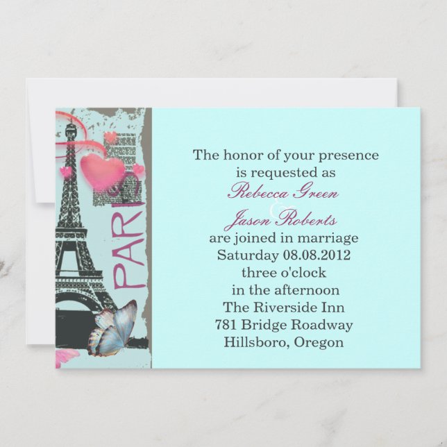 pink paris eiffel tower destination wedding invitation (Front)