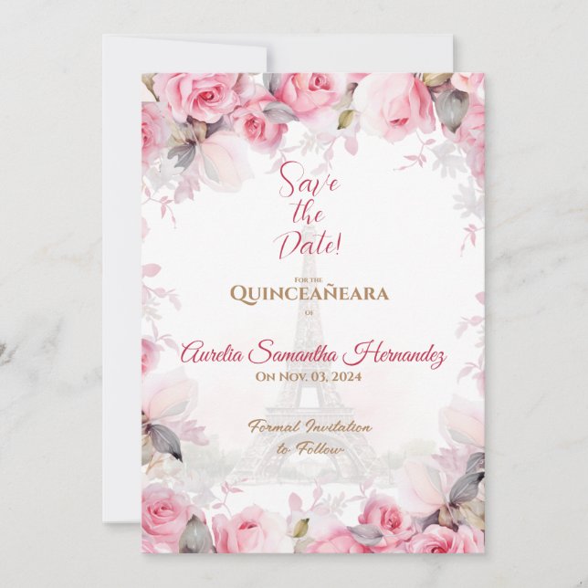 Pink Paris Floral Roses Quinceañera Save the Date Invitation (Front)