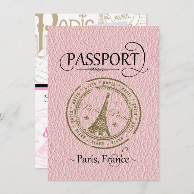 Pink Paris Passport Save the Date Card (Front/Back)