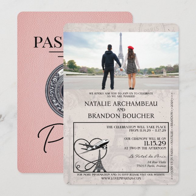 Pink Paris Passport Wedding Invitation (Front/Back)