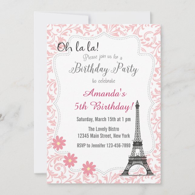 Pink Paris Romantic Birthday Invitation (Front)
