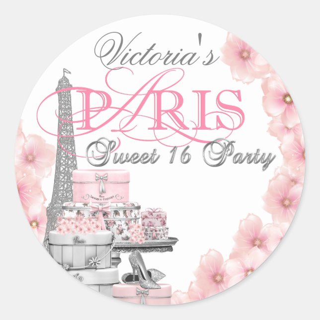 Pink Paris Sweet 16 Birthday Party Classic Round Sticker (Front)