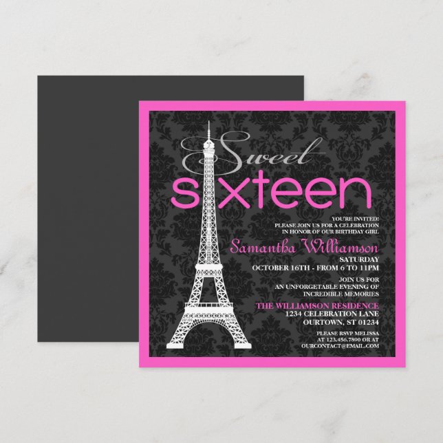 Pink Paris Sweet 16 Invitations (Front/Back)