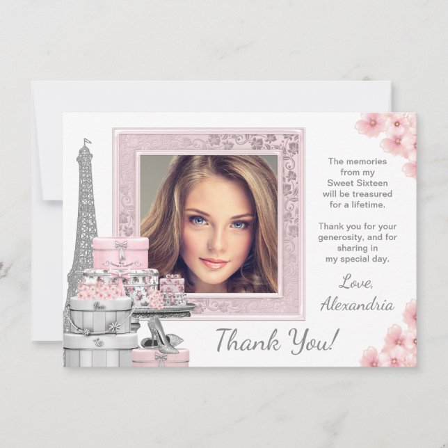 Pink Paris Sweet 16 Thank You Cards (Front)