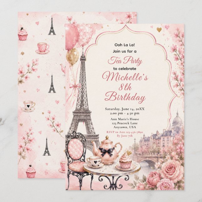 Pink Paris Tea Party Birthday Invitation (Front/Back)