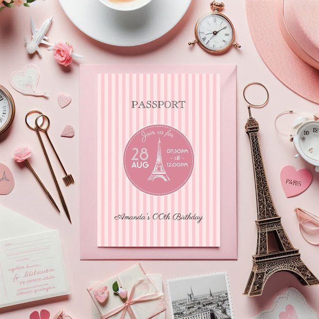 Pink Paris Theme Birthday Party Passport Add Photo Invitation (Pink Paris Theme Birthday Party Passport Invitation)