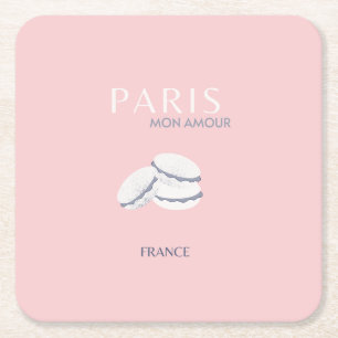 Pink Paris Travel Art Pastel Preppy Macarons  Square Paper Coaster