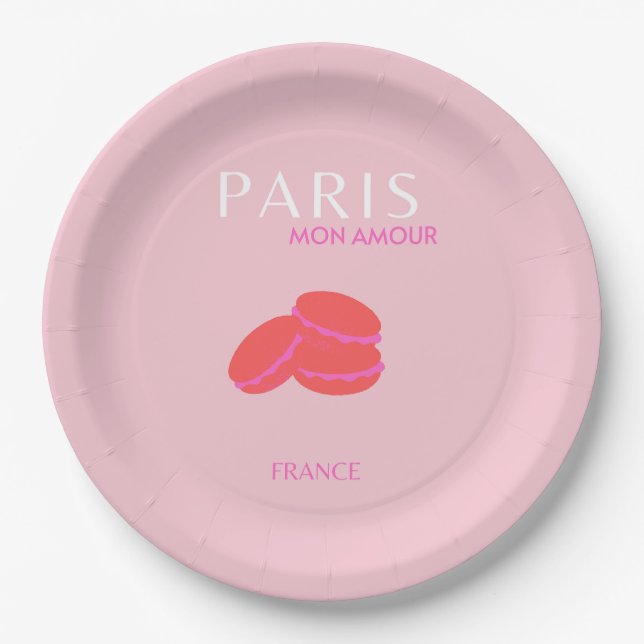 Pink Paris Travel Art Preppy Macarons  Paper Plate (Front)