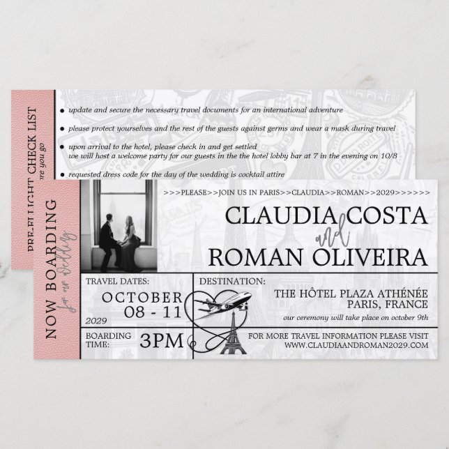 Pink Paris Wedding Boarding Pass Invitation (Front/Back)