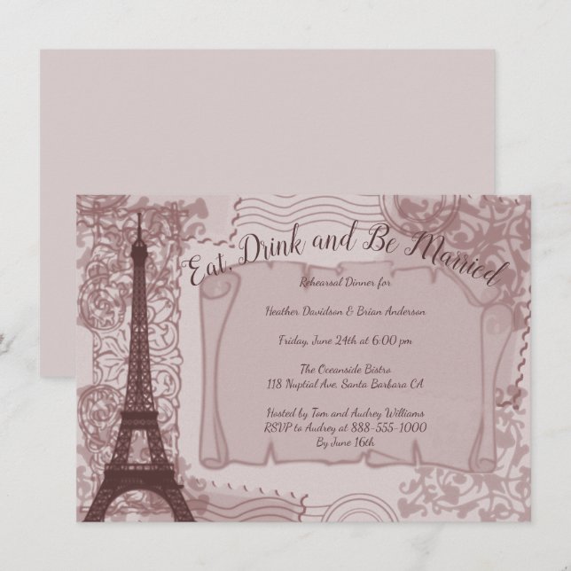 Pink Parisian Rehearsal Dinner Invitation (Front/Back)