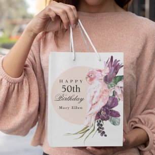 Pink Parrot Boho Tropical 50th Birthday Party Medium Gift Bag