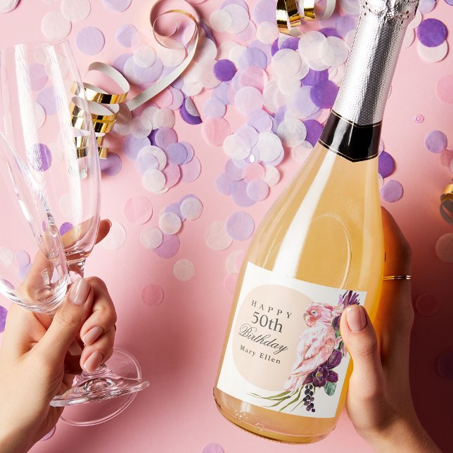 Pink Parrot Boho Tropical 50th Birthday Sparkling Wine Label (Creator Uploaded)