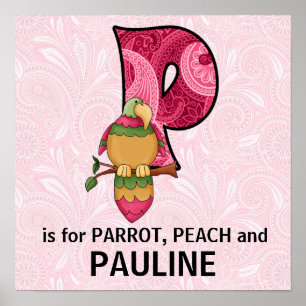 Pink Parrot Monogram "P" Baby Room Poster