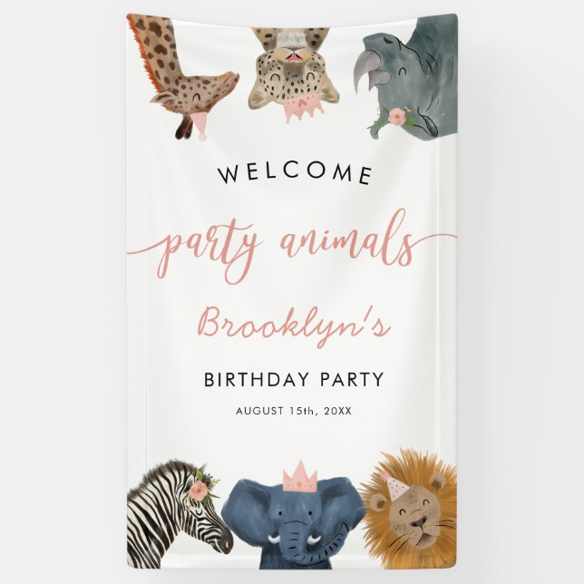 Pink Party Animals Safari Birthday Party Welcome Banner (Vertical)