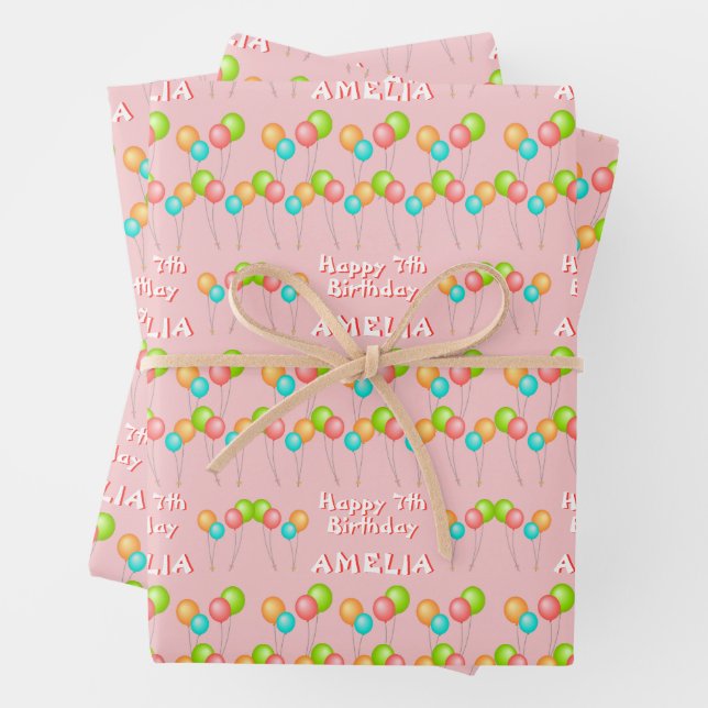 Pink Party Balloons Kid Happy Birthday Wrapping Paper Sheet (In situ)