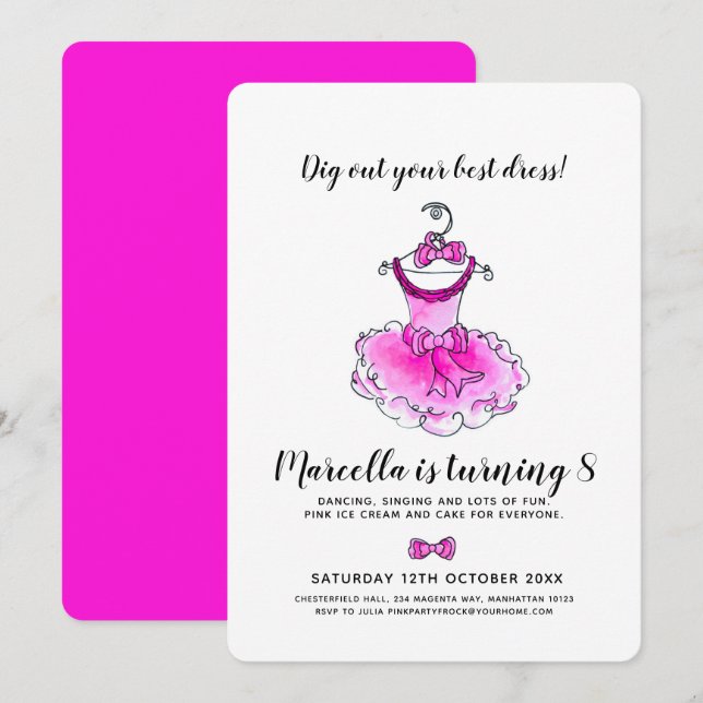 Pink party dress girls birthday invitation (Front/Back)