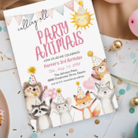 Pink Party Forest Animals in Party Hats Birthday