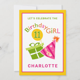 Pink Party Girl 11th Birthday Invitation